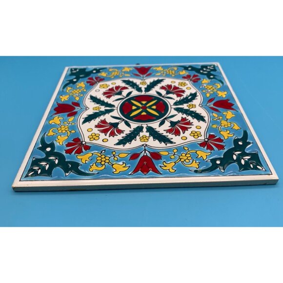 Vintage, Early, H&R Johnson, Greece, Philkeram Johnson 6" Tile Blue Red Tulips - Picture 3 of 7